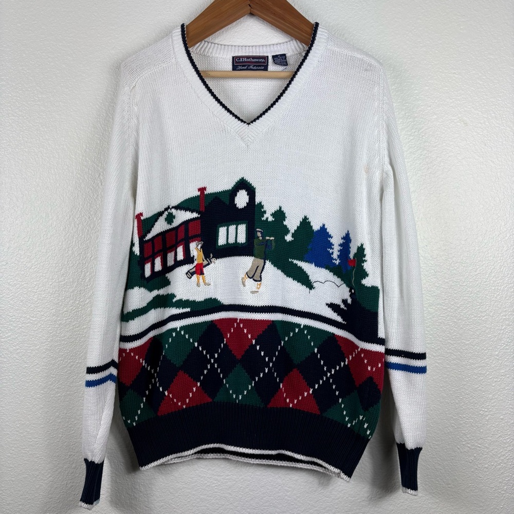 Vintage Argyle C.F. Hathaway Golf Scene V-Neck Sweater